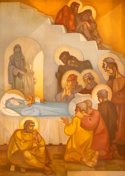 Barcelona Spain March 2020 Modern Painting Dormition Virgin Mary Church — Stock Photo, Image