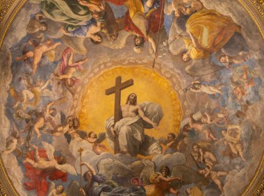 RAVENNA, İTALYA - 28 Ocak 2020: Guido Reni 'nin (1575 - 1642) Duomo' daki kilisenin (katedral) kapsülündeki İsa 'nın dirilişinin freco zaferi).