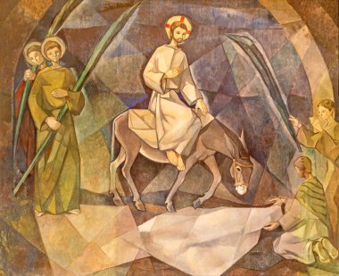 BARCELONA, SPAIN - 5 Mart 2020: Kudüs 'te (Palm Sundy) Santuario Maria Auxiliadora i Sant Josep Kilisesi' ndeki modern İsa Girişi Fidel Trias Sayfaları ve Raimon Roca (1966)).