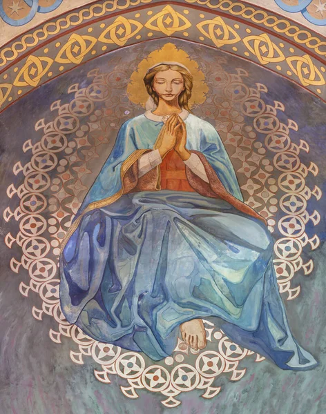 Barcelona Spain March 2020 Modern Fresco Virgin Mary Church Iglesia — Stock Photo, Image