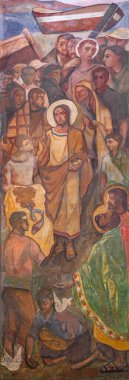 BARCELONA, SPAIN - 3 Mart 2020: The fresco of Miracle of Multitioning Food the chruch Iglesia de Belen by artistler (Grupo Flama) from half of 20 cent..