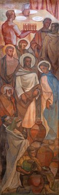BARCELONA, SPAIN - 3 Mart 2020: The fresco of the miracle at the Cana at the chruch Iglesia de Belen by artistler (Grupo Flama) in half of 20 cent..