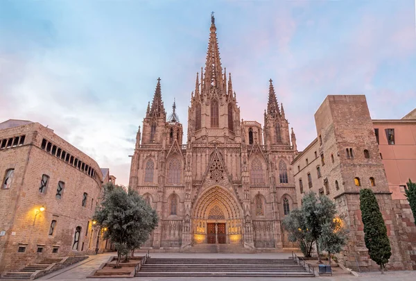 Barcelona Facade Old Gothic Cathedral Holy Cross Saint Eulalia Dusk — Stock Photo, Image