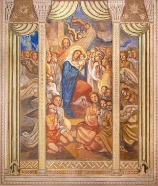 BARCELONA, SPAIN - 3 Mart 2020: The fresco of Madonna within the church Parroquia Santa Teresa de l 'Infant Jesus by Francisco Labarta (20 cent..).