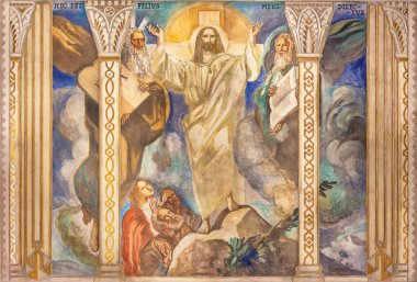BARCELONA, SPAIN - MARCH 3, 2020: The fresco of The Trensfiguration on the mount Tabor in the church Parroquia Santa Teresa de l'Infant Jesus by Francisco Labarta (20. cent.). clipart