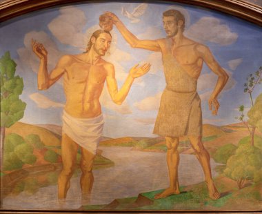 BARCELONA, SPAIN - MARCH 2, 2020: The modern fresco of Baptism of Jesus in the church Parrquia de Sant Ramon de Penyafort clipart
