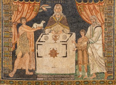 RAVENNA, ITALY - JANUARY 29, 2020: The mosaic panel of Abraham, Abel and Melchizedek in church Basilica of Sant Apolinare in Classe from the 6. cent. clipart