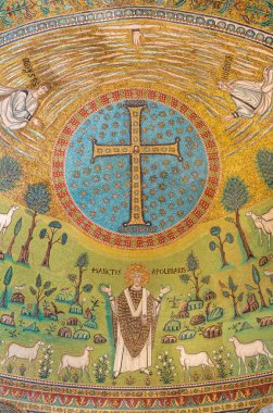 RAVENNA, ITALY - JANUARY 29, 2020: The mosaic in the main apse with the early christian cross and symbolic in church Basilica of Sant Apolinare in Classe from the 6. cent. clipart
