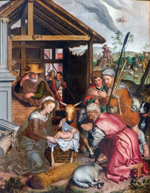 Bruges, Belçika - 12 Haziran 2014: petrus pourus (1571) kilise tarafından pastores sahne hayranlığı bizim hanım.