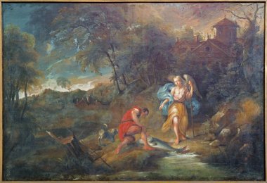 Bruges, Belçika - 12 Haziran 2014: tobias baş melek raphael ve balık st. jacobs Kilisesi (jakobskerk) tarafından van de kerkhove j. 18. yüzde.