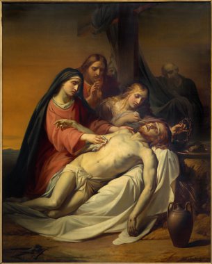 BRUSSELS, BELGIUM - JUNE 15, 2014: The Pieta painting by Jean Baptiste van Eycken (1809 - 1853) in Notre Dame de la Chapelle clipart