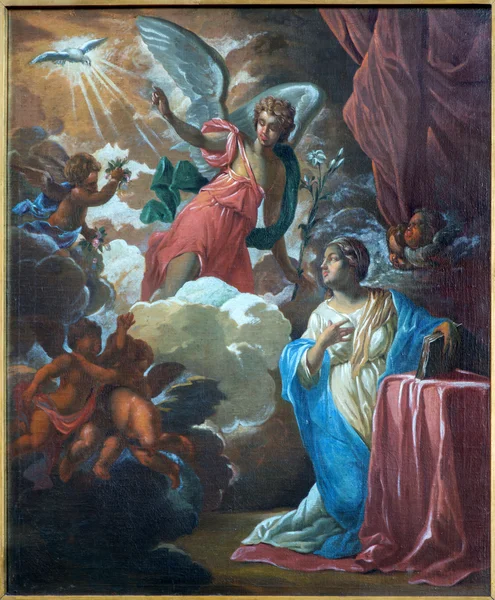 BRUGGE, BÉLGICA - JUNHO 12, 2014: A pintura da Anunciação de Jan van den Kerckhove 1707 em St. Jocobs igreja (Jakobskerk ) — Fotografia de Stock