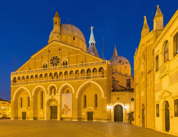 PADUA, ITÁLIA - SETEMBRO 8, 2014: Basílica do Santo ou Basílica de Santo Antônio de Padova e Oratório San Girgio (à direita) ao anoitecer . — Fotografia de Stock