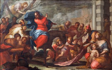 Padova, İtalya - 10 Eylül 2014: boya Kudüs (palm Pazar) İsa'nın girdiği kilise chiesa di san gaetano ve bilinmeyen ressam formu 17 tarafından çarmıha germe Şapel. yüzde.