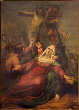 BRUSSELS, BELGIUM - JUNE 15, 2014:The Deposition of the cross scne by Jean Baptiste van Eycken (1809 - 1853) in Notre Dame de la Chapelle clipart