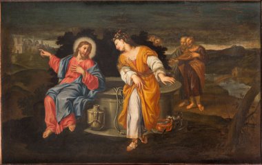 PADUA, ITALY - SEPTEMBER 10, 2014: Paint of Jesus and Samaritans at well scene in the church Chiesa di San Gaetano and the chapel of the Crucifixion by unknown painter form 17. cent. clipart