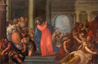 Padova, İtalya - 10 Eylül 2014: boya İsa'nın bilinmeyen ressam form 17 tarafından kilise chiesa di san gaetano ve çarmıha germe Şapel Tapınağı sahnede temizler. yüzde.