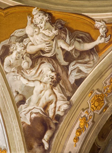 PADUA, ITALY - SEPTEMBER 8, 2014: The fresco of cardinal virtue of love in Cathedral of Santa Maria Assunta (Duomo) in the chapel of bishop Gregorio Barbarigo from year 1762 by Giovanbattista Mingardi — Stock Photo, Image