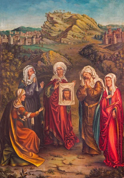 MECHELEN, BELGIUM - JUNE 14, 2014: The Veronica and womens under Carvary. Central panel of the triptych by unkonwn painter of Falmisch school st. Katharine church or Katharinakerk. — Stock Photo, Image