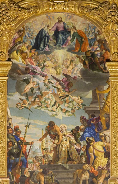 Padua, Italien - den 8 september, 2014: martyrium av saint justine av paolo veronese (1572) på det huvudsakliga altaret i basilica di santa giustina — Stockfoto