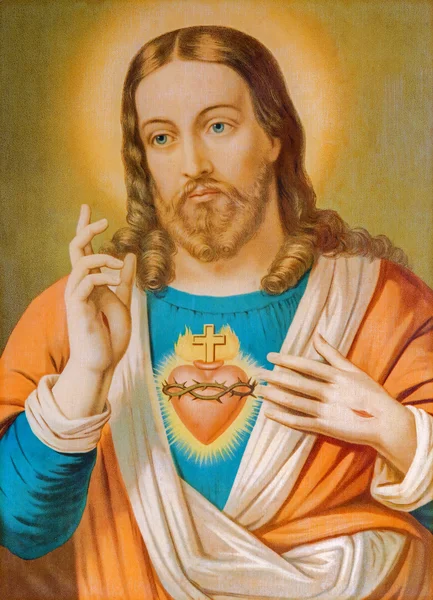 Sebechleby, Slowakei - 30. Juli 2014: Kopie des typischen katholischen Herzensbildes von Jesus Christus aus der Slowakei, gedruckt am 19. ursprünglich vom unbekannten Künstler. — Stockfoto