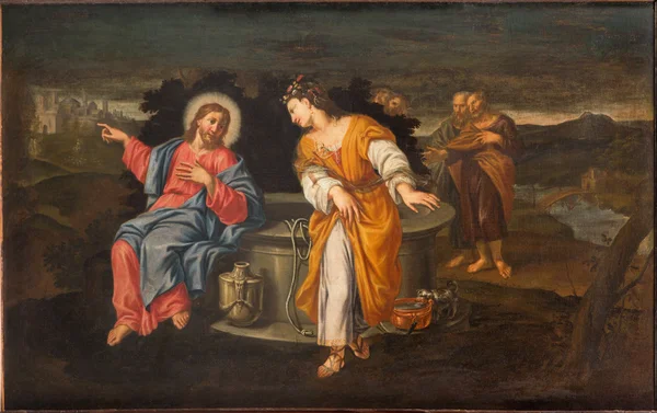 Padua, Italien - 10. September 2014: Bemalung von Jesus und Samariten am Brunnen in der Kirche Chiesa di San Gaetano und der Kreuzigungskapelle des unbekannten Malers aus dem 17. Jahrhundert. — Stockfoto