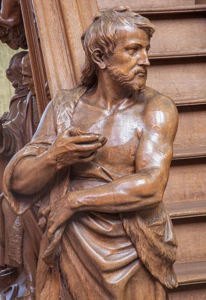 MECHELEN, BELGIUM - JUNE 14, 2014: The carved statue of st. John the baptist on the entry of the pulpit by Willem Ignatius Kerrickx (1718) in church Our Lady across de Dyle. — Stock Photo, Image