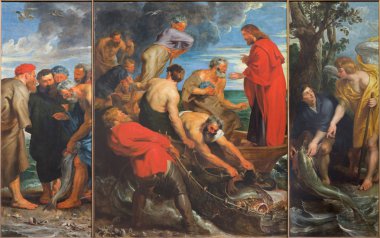 Mechelen, Belçika - 14 Haziran 2014: mucize balıkçılık triptych (1618) tarafından peter paul rubens, kilise bizim hanım de dyle.