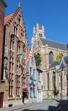 Bruges, Belçika - 12 Haziran 2014:'ın St salvator cathedral (salvatorskerk) ve Güneydoğu eski Gotik evden.