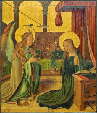 Bruges, Belçika - 12 Haziran 2014: duyuru sahne 15 bilinmeyen ressamı. cent. Kilise bizim hanım.