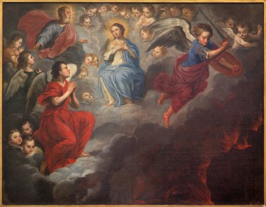 Bruges, Belçika - 12 Haziran 2014: Meryem cennet ve st. michael bilinmeyen ressamı 17 boya. cent. St. jacobs Kilisesi (jakobskerk).