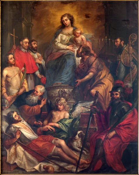 BRUGES, BÉLGICA - 13 DE JUNIO DE 2014: Madonna y los santos o "Sacra Conversatione" por Jan Maes de 17. cent. en la iglesia de San Gil (San Gilliskerk ) — Foto de Stock