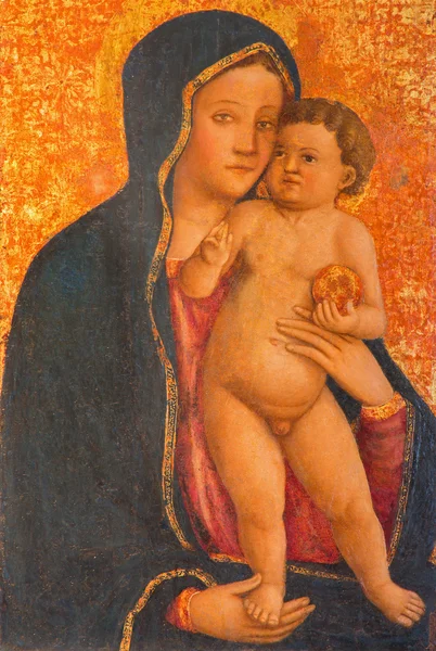 Padua, Italien - den 8 september, 2014: färgen på trä av madonna i katedralen santa maria Assunta (duomo) av francesco squarcione (1397-1468) — Stockfoto