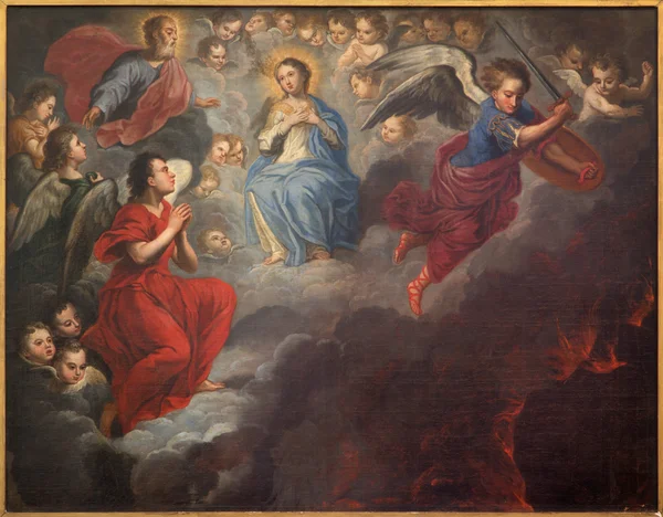 BRUGES, BELGIQUE - 12 JUIN 2014 : La peinture de la Vierge Marie au ciel et de saint Michel par un peintre inconnu de 17. cent. dans l'église St. Jacobs (Jakobskerk ). — Photo