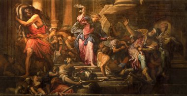 Venice, İtalya - 12 Mart 2014: İsa'nın boya temizler (1678) Tapınağı (cacciata dei profanatori dal tempio) sahnede kilise chiesa di san pantalon giovanni tarafından antonio fumiani.