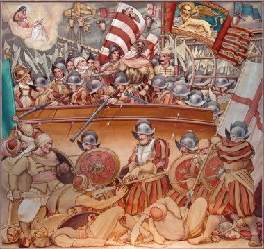 PADUA, ITALY - SEPTEMBER 9, 2014: The paint of Battle of Lepanto in 1571 in church Basilica del Carmine from 1933 by Antonio Sebastiano Fasal. clipart