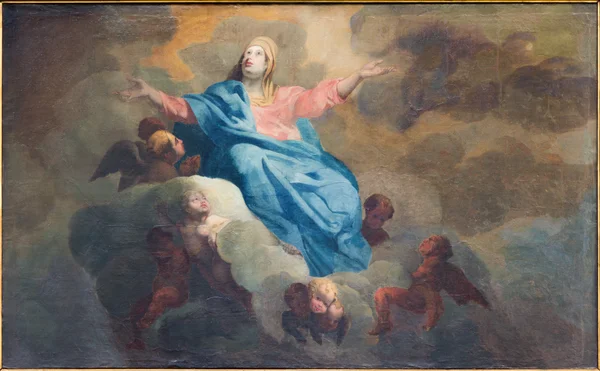 BRUGES, BELGIUM - JUNE 12, 2014: The Assumption of Virgin Mary paint by J. Garemijn (1750) as the part of 14 paintings of the mysteries of Rosary in Saint Walburga church. — Stock Photo, Image