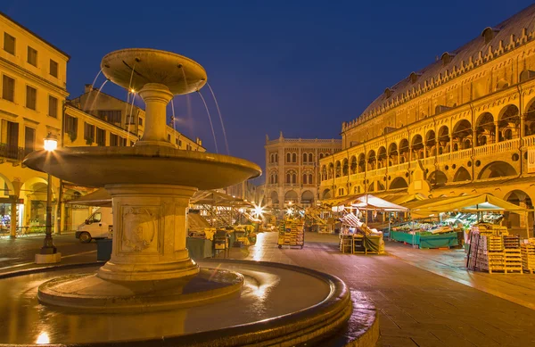 Padua, Italië - 9 september 2014: piazza delle erbe in de ochtend schemering met de markt en palazzo dalla ragione. — Stockfoto