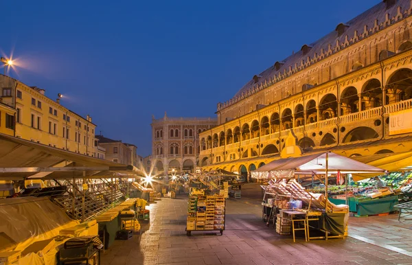 Padua, Italien - den 9 september, 2014: piazza delle erbe i morgon skymning med marknaden och palazzo dalla ragione. — Stockfoto
