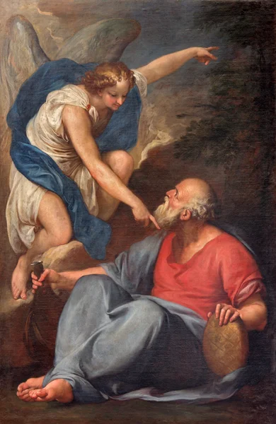 VENECIA, ITALIA - 13 DE MARZO DE 2014: El profeta Elías recibiendo pan y agua de un ángel por un pintor desconocido en la iglesia Santa Maria della Salute . — Foto de Stock