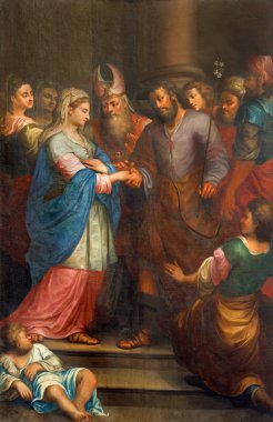 Padova, İtalya - 9 Eylül 2014: Meryem Ana ve St joseph santa maria assunta (duomo) 18 bilinmeyen ressam tarafından kilise katedral içinde espousals. yüzde.