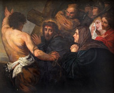 Mechelen, Belçika - 14 Haziran 2014: İsa'nın annesi karşılamaktadır. Bilinmeyen ressam tarafından boya kilise bizim hanım de dyle.