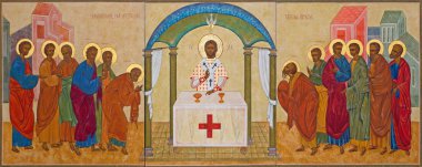Mechelen, Belçika - 14 Haziran 2014: cemaat apsotle Ortodoks simgesini St katharine kilise ya da katharinakerk.