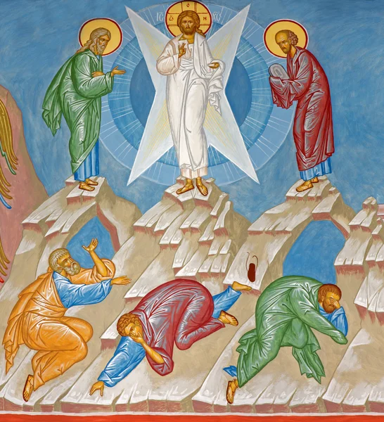 BRUGES, BÉLGICA - 13 DE JUNIO DE 2014: Fresco de la escena de la Transfiguración de Jesús en la iglesia de San Constantino y Helena Orthodx (2007 - 2008 ). — Foto de Stock