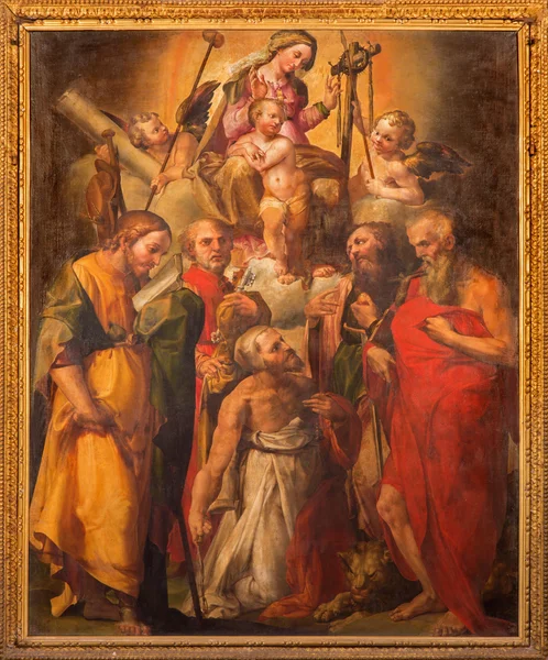 BOLOGNA, ITALY - MARCH 15, 2014: Altar in "Oratorio de Batutti" with the paint of Madonna with the saints by G. F. Bezzi 1564 (nickname Nosadella) in complex of baroque church Santa Maria della Vita. — Stock Photo, Image