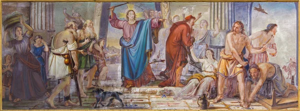 BERGAMO, ITALY - SEPTEMBER 8, 2014: The fresco of Jesus Cleanses the Temple scene in church Santa Maria Immacolata delle Grazie by Giambattista Epis (1867). — Stock Photo, Image