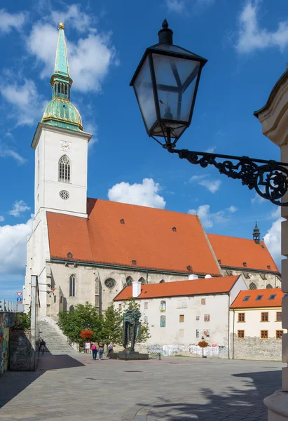 布拉索夫、 斯洛伐克-2014 年 9 月 21 日： 圣圣马丁大教堂从南方和大屠杀纪念馆. — 图库照片