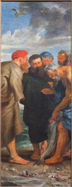 Mechelen, Belçika - 14 Haziran 2014: mucize balıkçılık triptych (1618) doğru parçası olarak sahne Drahmisi sikke ve balık ile peter tarafından peter paul rubens, kilise bizim hanım de dyle.