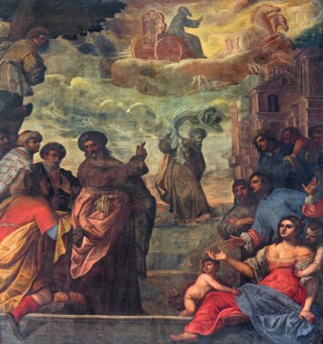 PADUA, ITALY - SEPTEMBER 9, 2014: Pain of scene as prophet Elijah  ascend to heaven in a chariot cf fire and Elisha with the his coat in church Basilica del Carmine from 17. cent by unknown painter. clipart