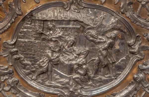 TRNAVA, SLOVAKIA - OCTOBER 14, 2014: The metal relief of the Nativity on the altar in Virgin Mary chapel designed by A. Huetter (1739 - 1741) in St. Nicholas church. — Stock Photo, Image